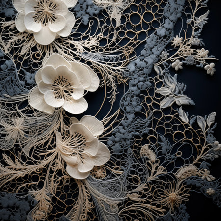 Lace fabric with flowers on a black background. Toned.の素材