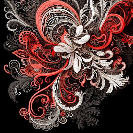 abstract vector ornamental background with floral elements in red and black colorsの素材
