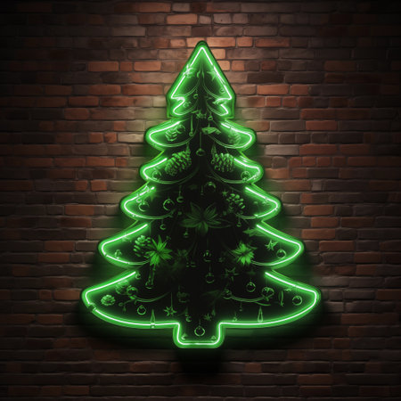 Christmas tree glowing neon sign on brick wall background. Vector illustration.の素材