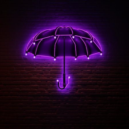 Umbrella neon sign on brick wall background. Vector illustration.の素材