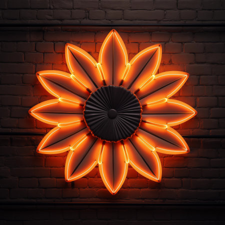 Neon flower sign on brick wall background. 3D Renderingの素材