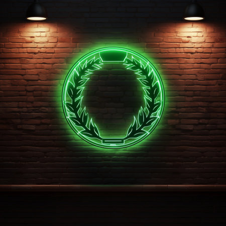 Neon Laurel wreath on brick wall background. Vector illustration.の素材