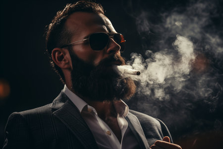 portrait of handsome bearded man in sunglasses smoking cigar on dark backgroundの素材