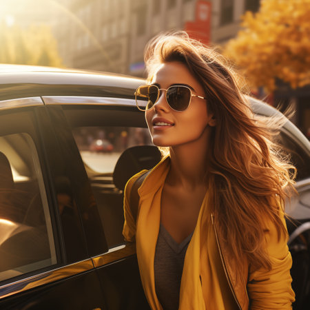 Beautiful young woman in sunglasses and a yellow jacket is standing near the car.の素材
