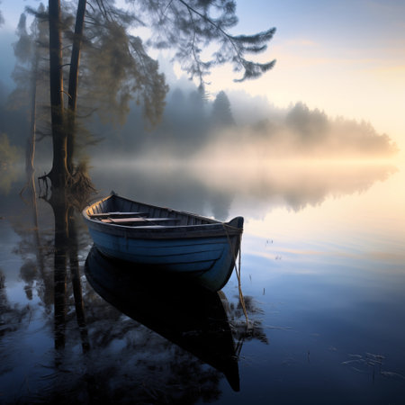 Foggy morning on the lake with a boat in the foregroundの素材