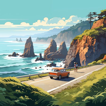 Vintage car on the road along the sea coast. Vector illustrationの素材