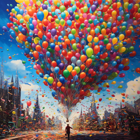 Man with colorful balloons in the city. Colorful air balloons flying in the sky.の素材