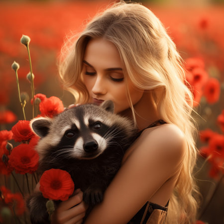 Beautiful young woman with raccoon in poppy field at sunset.の素材
