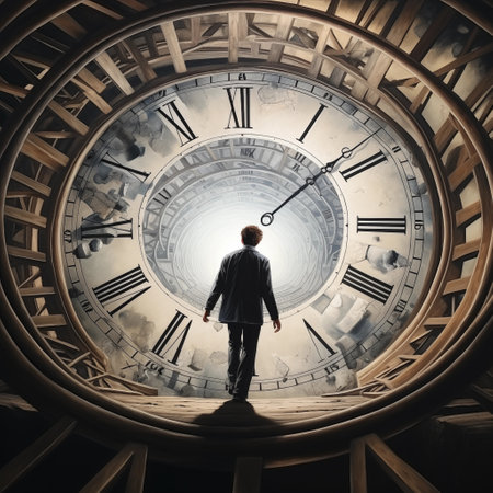 Rear view of young businessman looking at clock. Time management conceptの素材
