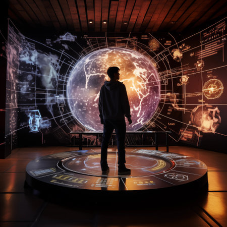 Man looking at the planet earth in the dark room. 3D renderingの素材
