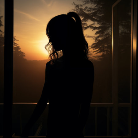 Silhouette of a beautiful woman standing in front of the window at sunsetの素材