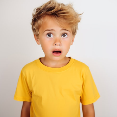 Surprised little boy in a yellow T-shirt on a white backgroundの素材