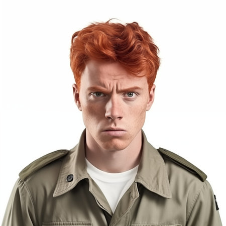 Portrait of a red-haired guy in a jacket on a white backgroundの素材