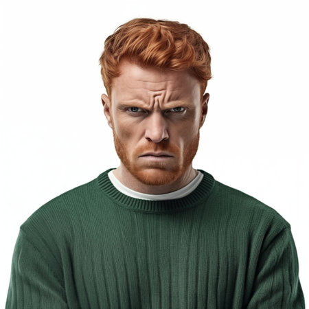 Portrait of a red-haired guy in a green sweater on a white backgroundの素材