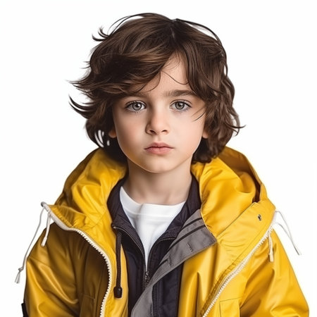 Portrait of a boy in a yellow jacket on the white backgroundの素材
