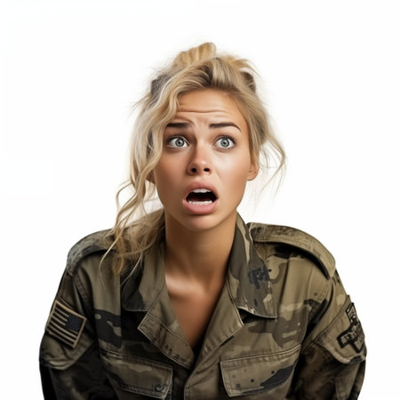 Surprised young woman in military uniform isolated on white background.の素材