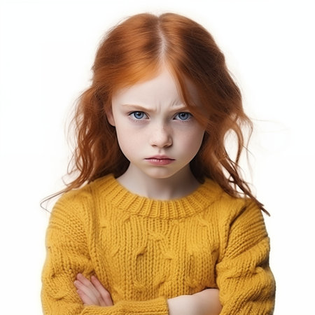 Portrait of a sad red-haired girl in a yellow sweater on a white backgroundの素材