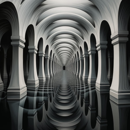 3d rendering of an arched corridor with columns and reflections in the waterの素材