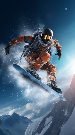 Flying snowboarder on mountains. Extreme winter sport. 3D renderingの素材