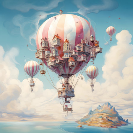Hot air balloons floating in the sky. 3D illustration. Vintage style.の素材