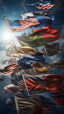 Composite image of many flags flying against blue sky with sunraysの素材