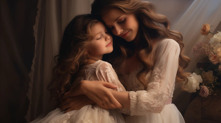mother and daughter in white dresses hugging and looking at each other at homeの素材