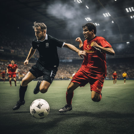 Two soccer players fighting for the ball on the field of stadium.の素材
