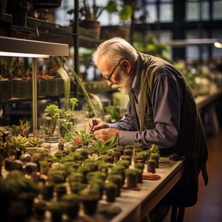 Elderly man working in a flower shop, taking care of plantsの素材