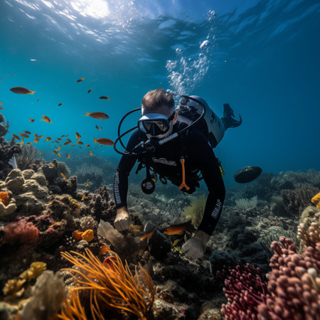 Underwater view of a young male scuba diver and coral reefの素材