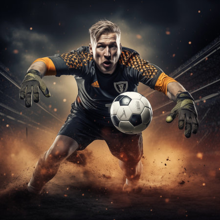 Soccer player in action on the football field at night under spotlightsの素材