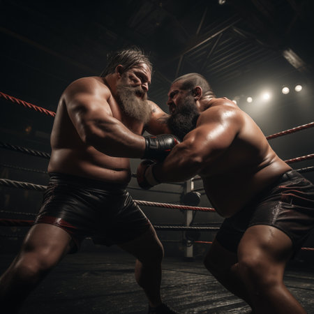 Two professional mma fighters sparring in the ring. Black background.の素材