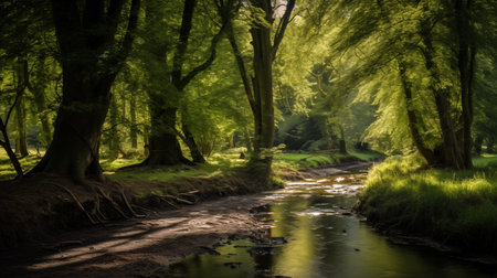 River flowing through a green forest with sun rays passing through the treesの素材