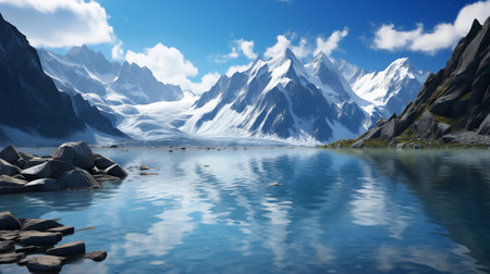 Beautiful mountain landscape with lake and blue sky. 3d renderingの素材