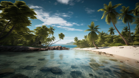 Tropical beach with palm trees and rocks. 3d renderの素材