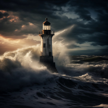 Lighthouse in stormy sea at sunset. 3D Renderingの素材