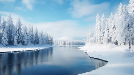 Winter landscape with frozen lake and fir trees on the shore. Panoramaの素材