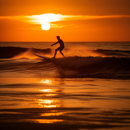 Silhouette of surfer on the beach at beautiful sunset.の素材