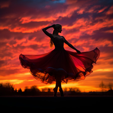 Beautiful ballerina dancing in a red dress at sunset.の素材