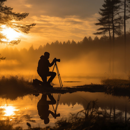 Silhouette of photographer with camera on tripod in the forest at sunriseの素材