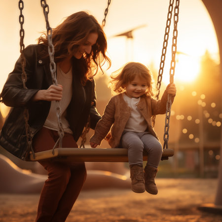 Mother and daughter swinging on a swing in the park at sunset.の素材