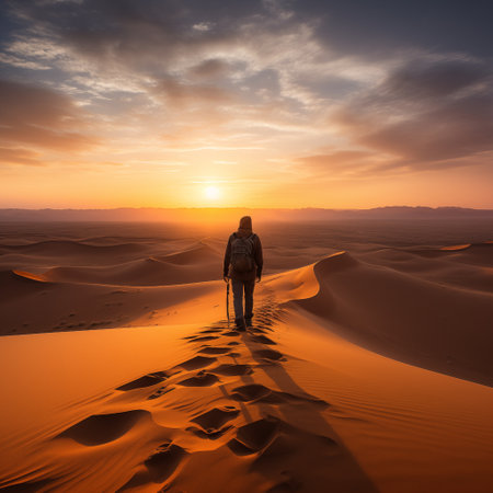 Hike in the desert of Dubai, United Arab Emirates at sunsetの素材