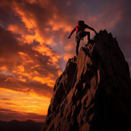 Silhouette of a climber on the top of a mountainの素材