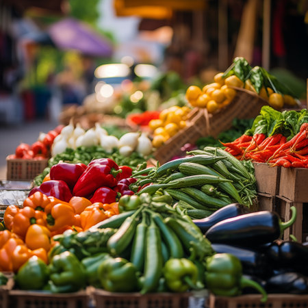 Fresh vegetables at the farmers market. Selective focus on the foregroundの素材