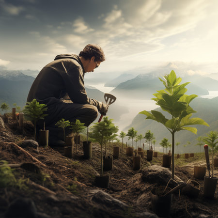 Man planting trees on top of mountain. Concept of new life, ecology, environmental protectionの素材