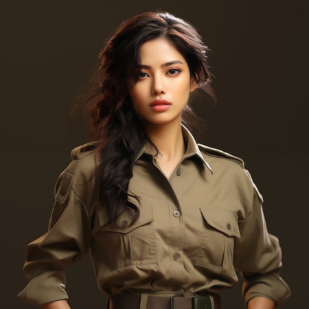 beautiful asian woman in khaki military uniform on dark backgroundの素材