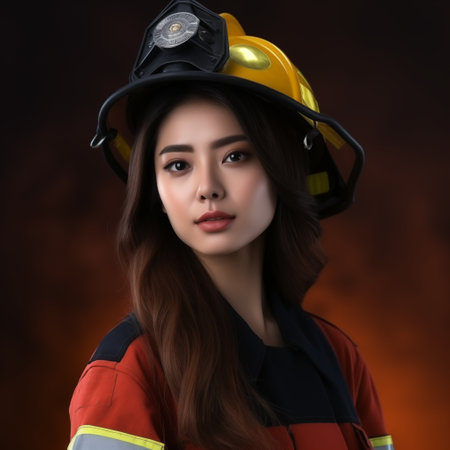 Portrait of a beautiful Asian woman firefighter in uniform and helmetの素材