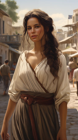 fashion outdoor photo of beautiful sensual woman with dark hair in elegant dress posing in old cityの素材