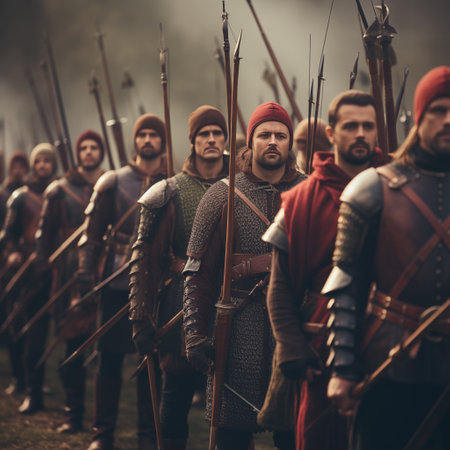 Medieval battle scene with cavalry and infantry. Medieval historical reenactmentの素材