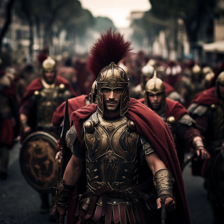 Roman legionary warriors walk through the streets of Rome.の素材