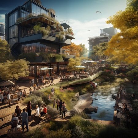 Digital painting of a restaurant in a city park with people walking aroundの素材